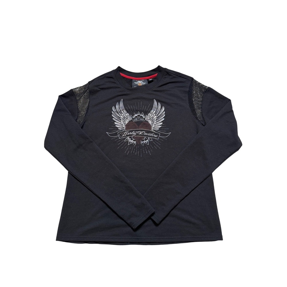 Harley Davidson Womens Black Live to Ride Heart Wings Netted Mesh Tshirt Small